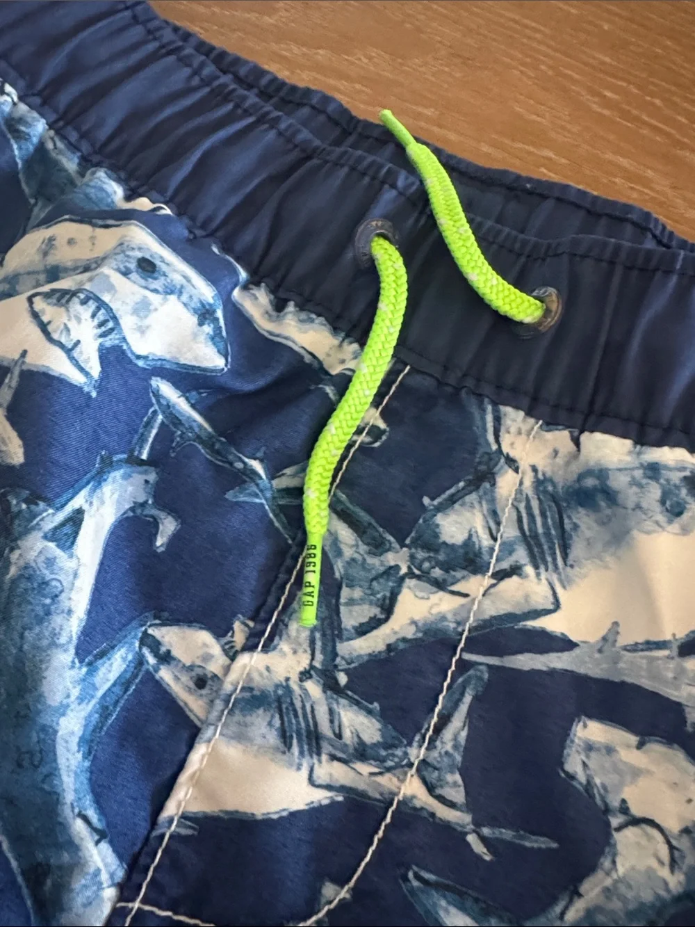 GAP Navy and White Shark Swim Shorts with Lime Drawstring